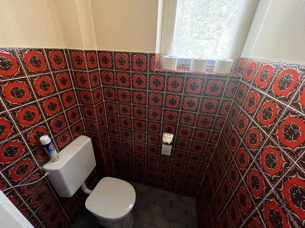 Kleine Toilette mit roten gemusterten Wandfliesen, Fenster und einem einfachen WC.