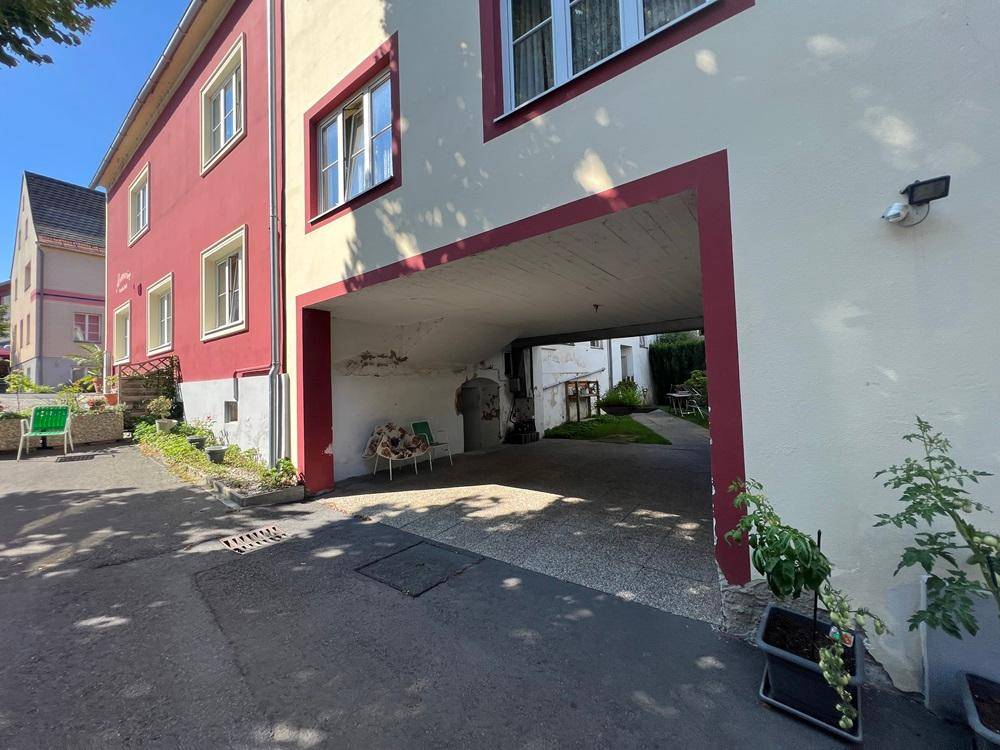 Überdachter Parkbereich mit Topfpflanzen und einem Blick auf den dahinterliegenden Garten.