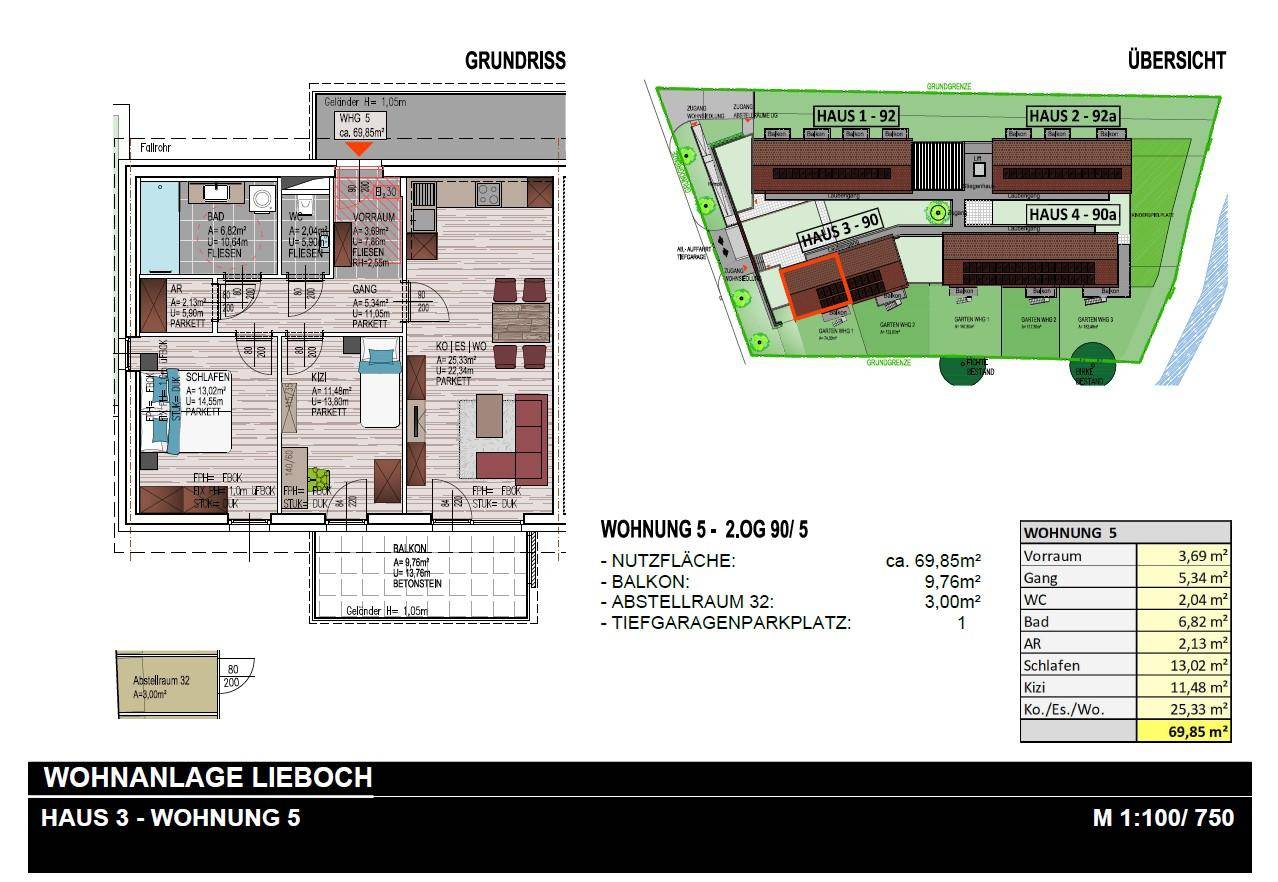 Grundriss einer Wohnung mit Balkon, Abstellraum und Tiefgaragenparkplatz sowie Lageplan der Wohnanlage.