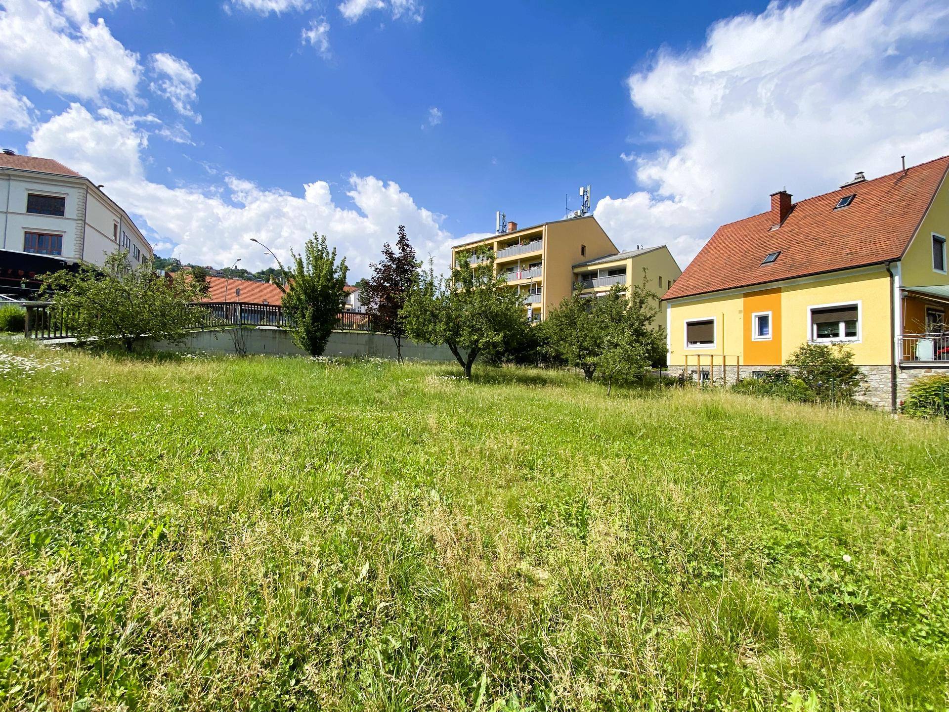 Sonnige Wiese mit Blick auf verschiedene Gebäude und eine grüne Umgebung.