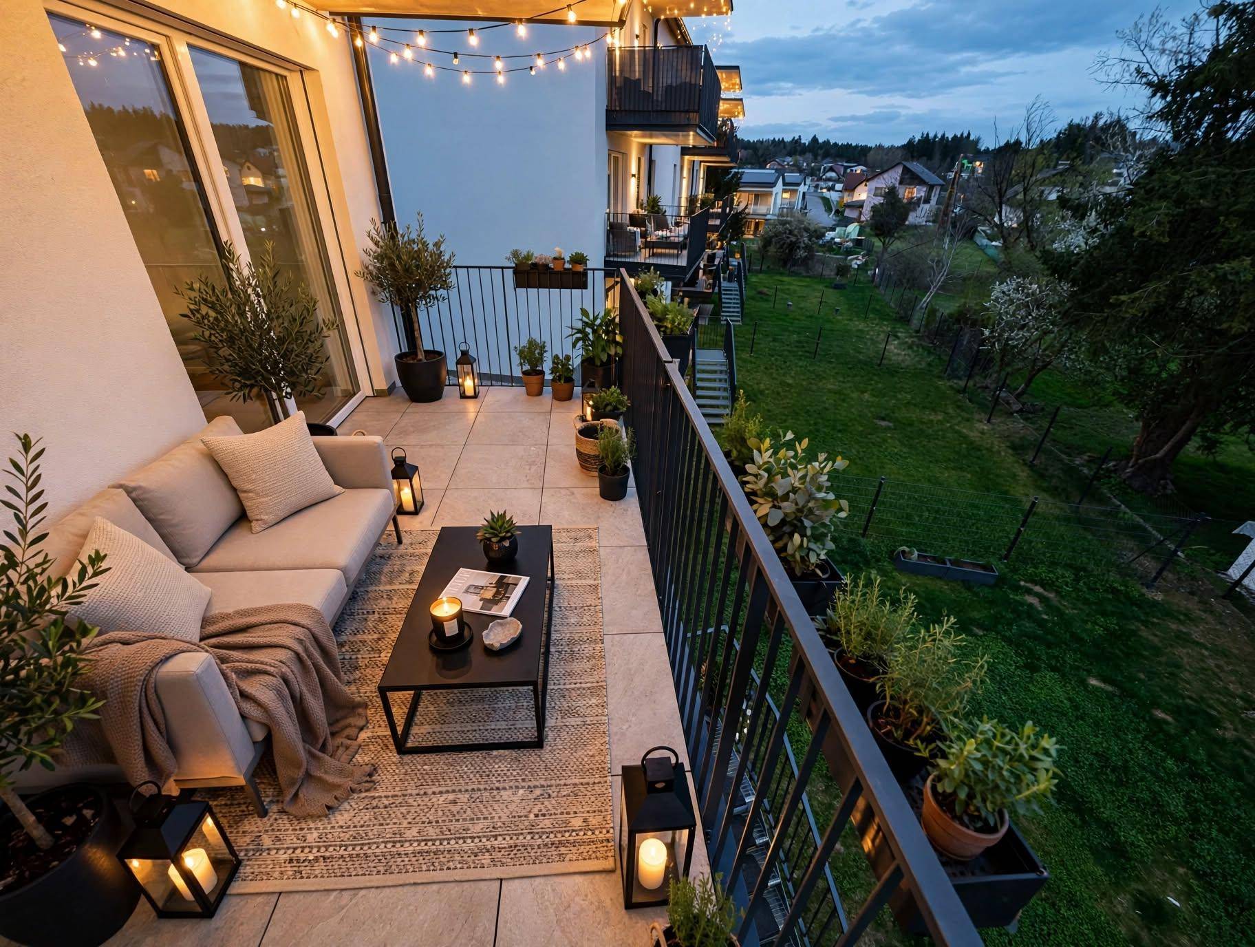 Geräumiger Balkon mit gemütlicher Sitzgruppe, Pflanzen und Lichterkette am Abend.