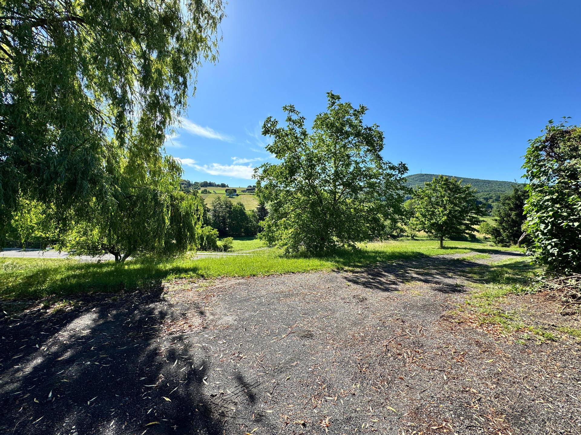 Weitläufiges Grundstück mit Bäumen und Panoramablick auf die umliegende grüne Landschaft.