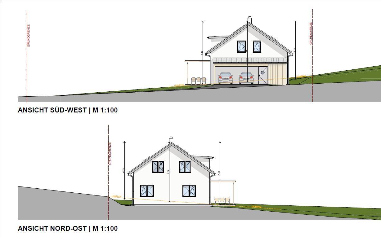 Architektonische Ansichten des Hauses von Süd-West und Nord-Ost mit Carport.