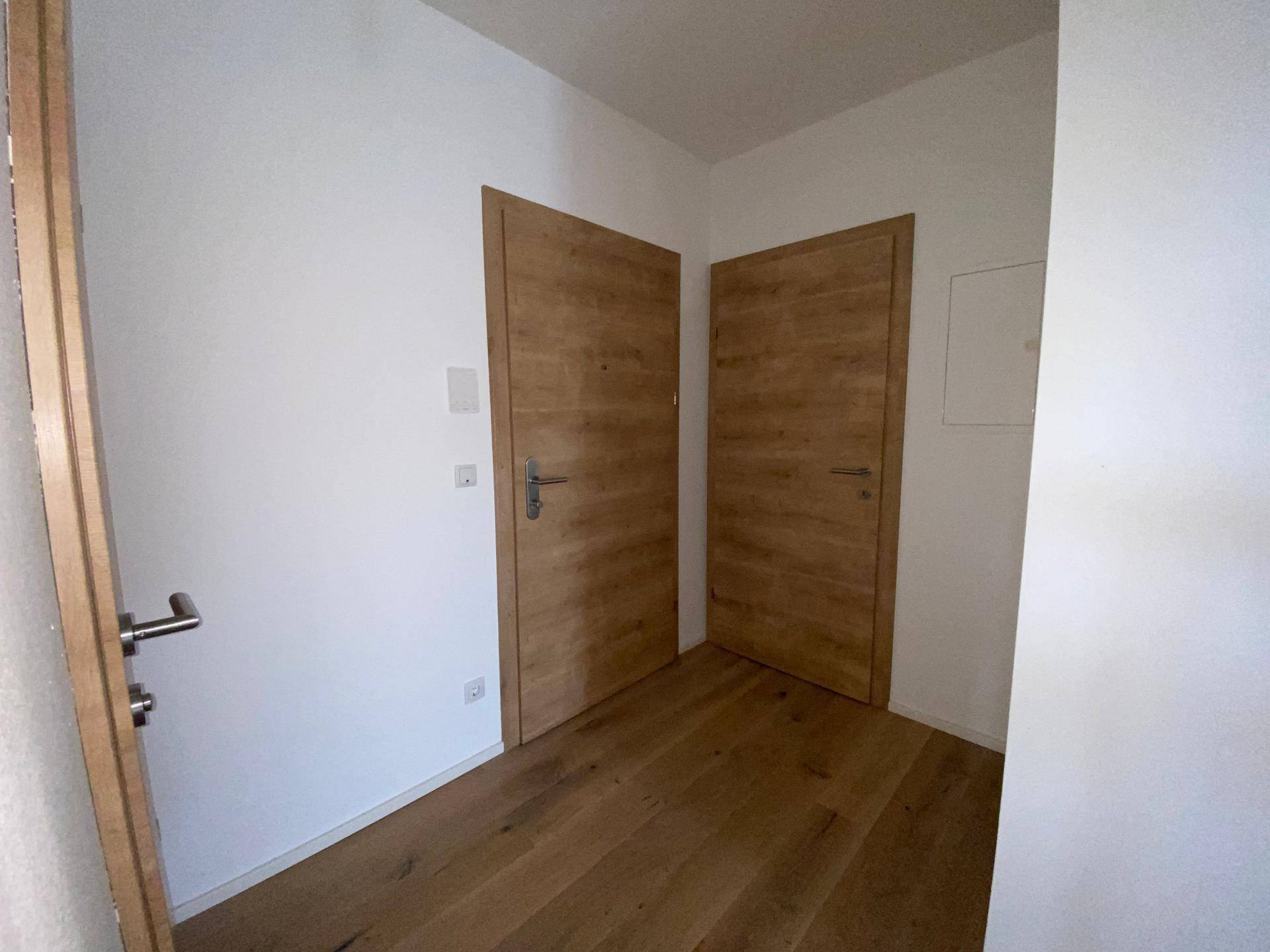Eingangsbereich mit Holzboden und zwei Holztüren, die zu den angrenzenden Räumen führen.