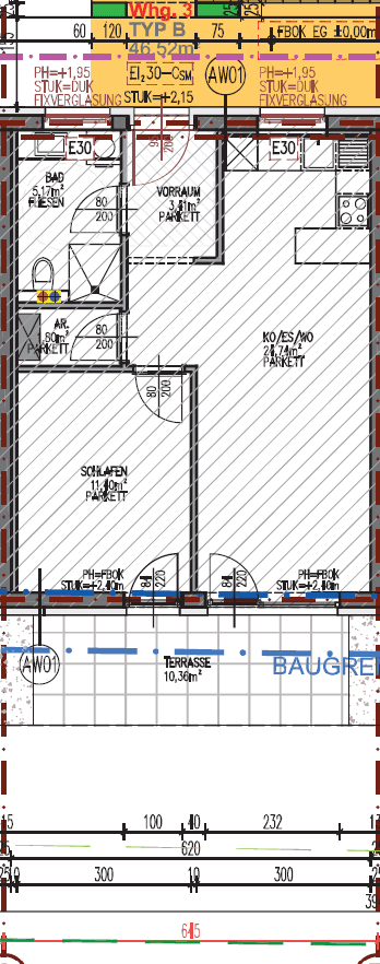 Grundriss des Erdgeschosses mit Wohnbereich, Schlafzimmer und Terrasse.