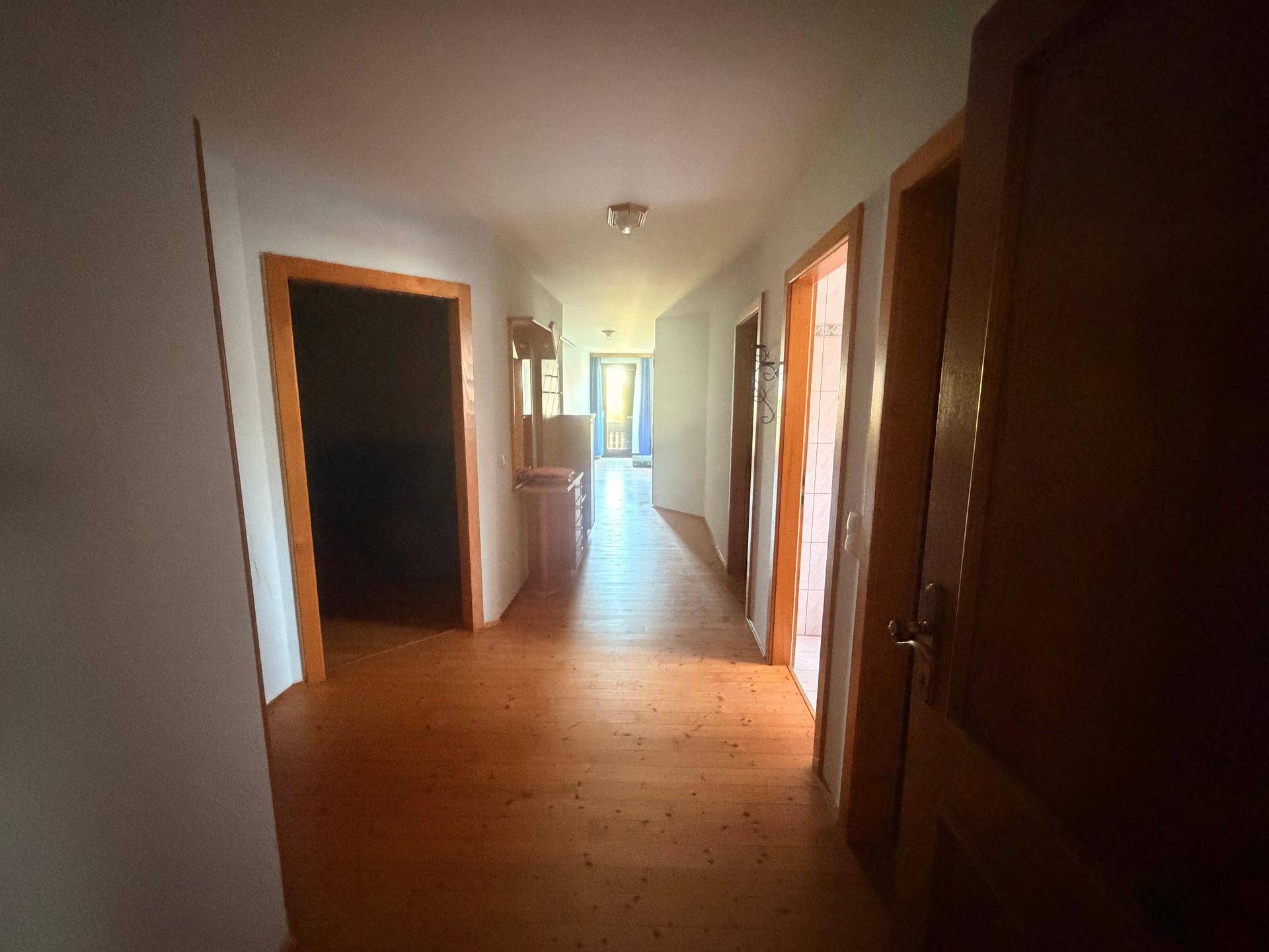 Heller Flur mit Holzboden und mehreren Türen zu angrenzenden Räumen.