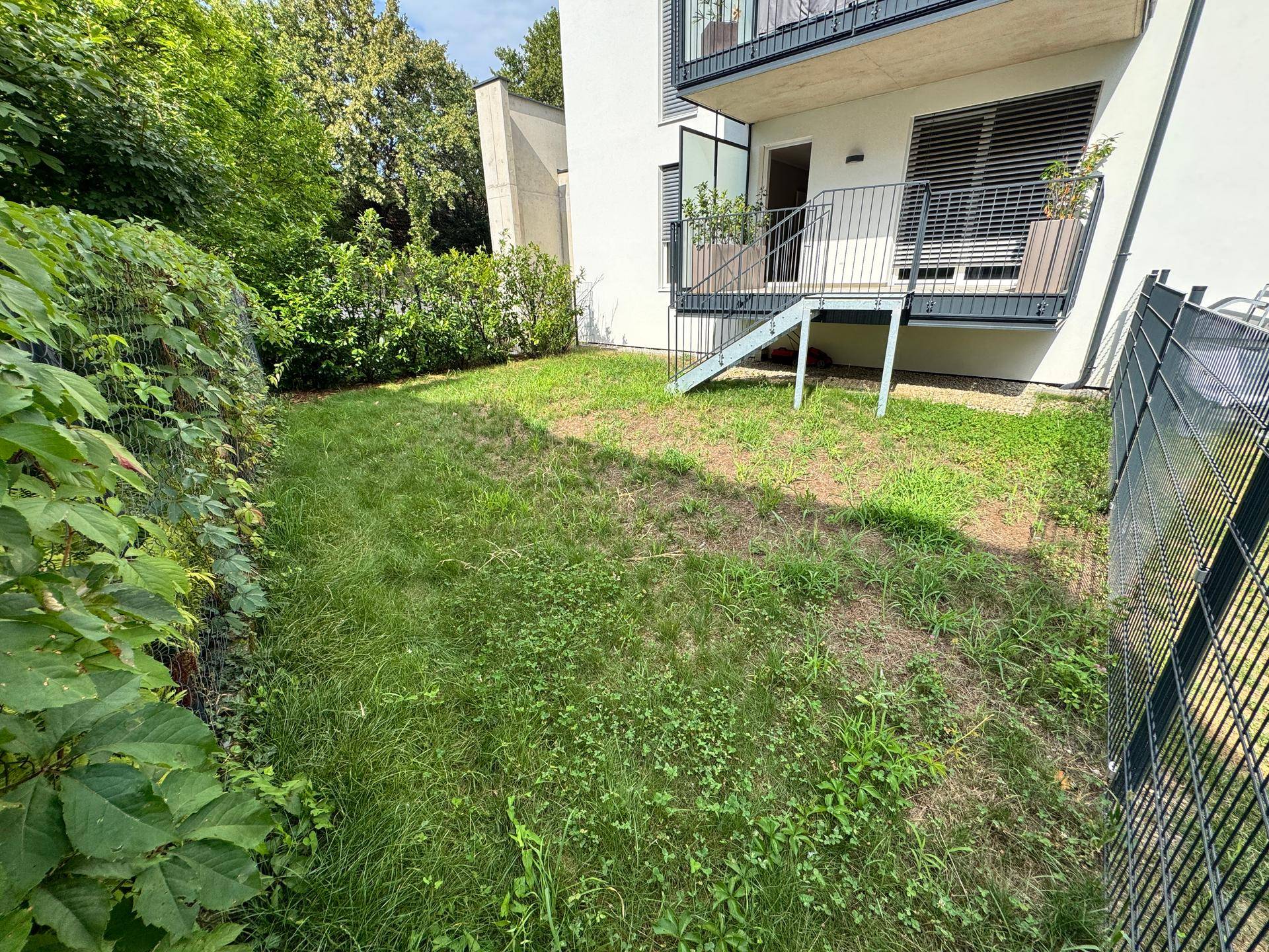 Kleiner privater Gartenbereich mit Rasenfläche und umgebender Hecke, ideal zum Entspannen im Freien.