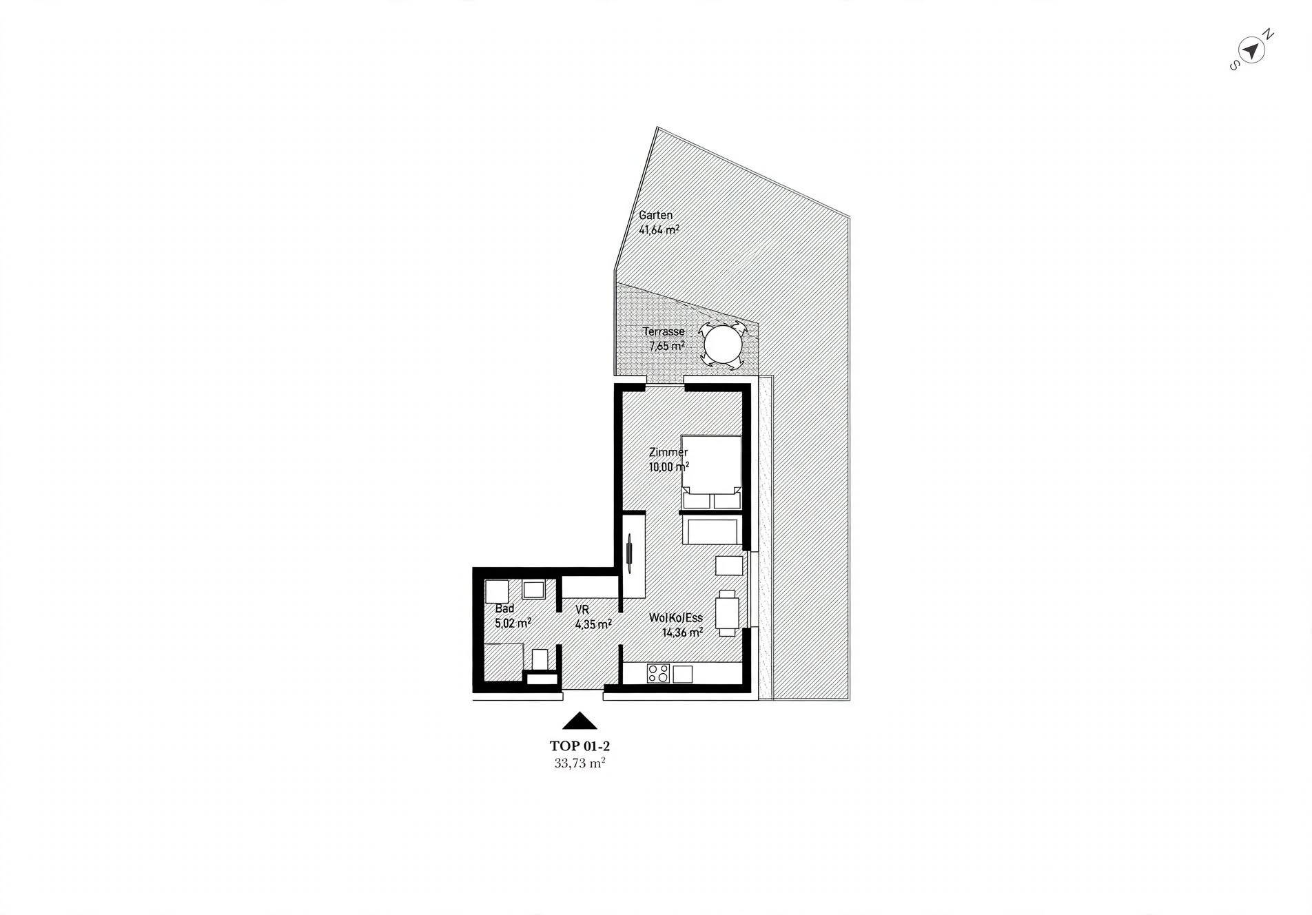 Grundriss einer Wohneinheit mit einem Zimmer, Bad, Terrasse und Gartenbereich.