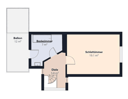 Grundriss der oberen Etage mit Schlafzimmer, Badezimmer und Balkon.