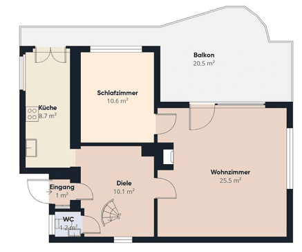 Grundriss der unteren Etage mit Küche, Schlafzimmer, Wohnzimmer und großem Balkon.