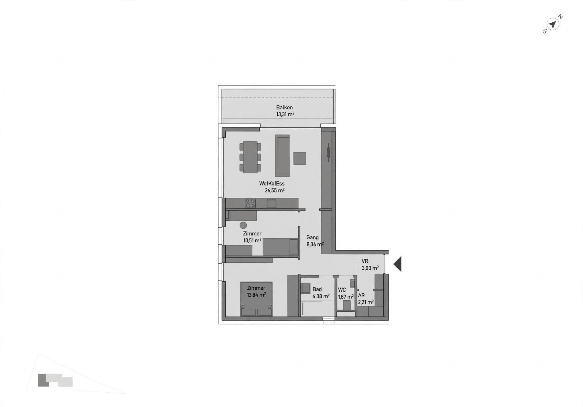 Grundriss einer Wohnung mit offenem Wohn-, Koch- und Essbereich, zwei Zimmern, Bad, separatem WC und Balkon.