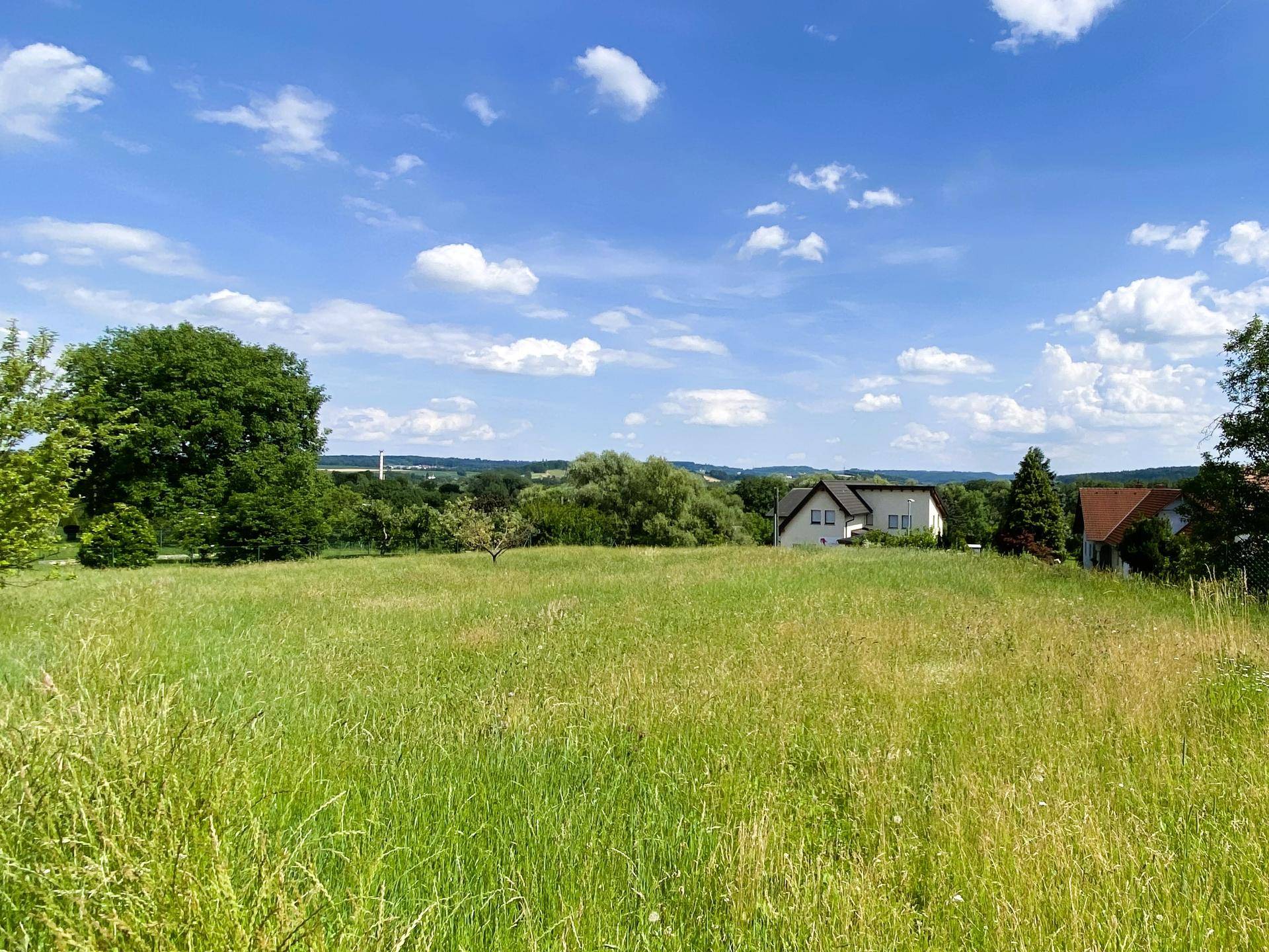 Offene grüne Landschaft mit Häusern und bewaldeten Hügeln am Horizont.
