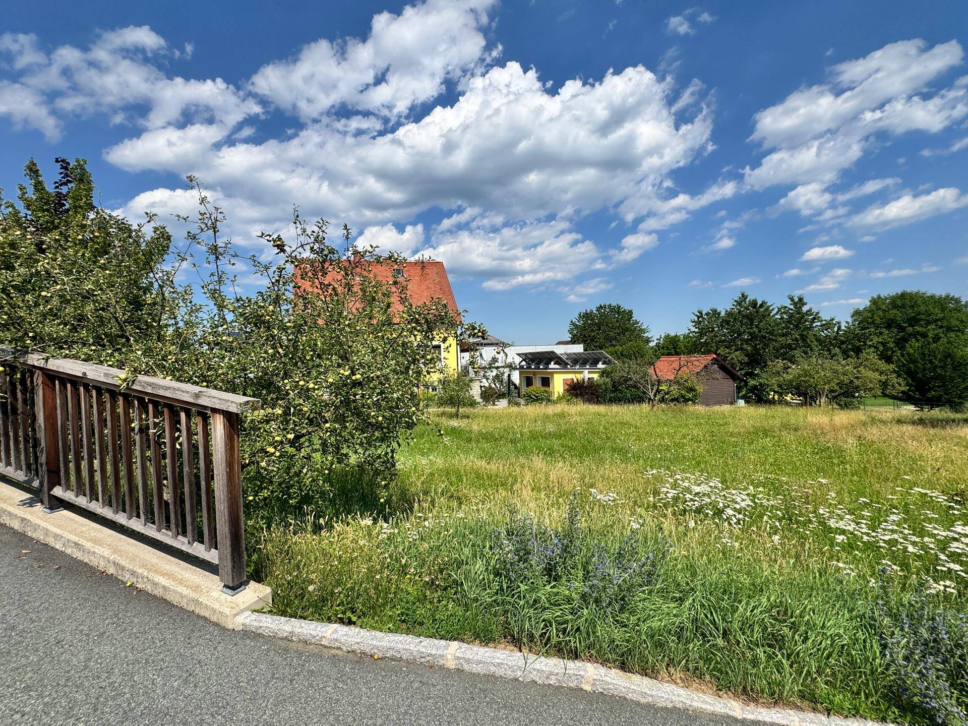 Sonniges Grundstück mit hohem Gras und Holzzaun im Vordergrund, umgeben von ländlicher Bebauung.