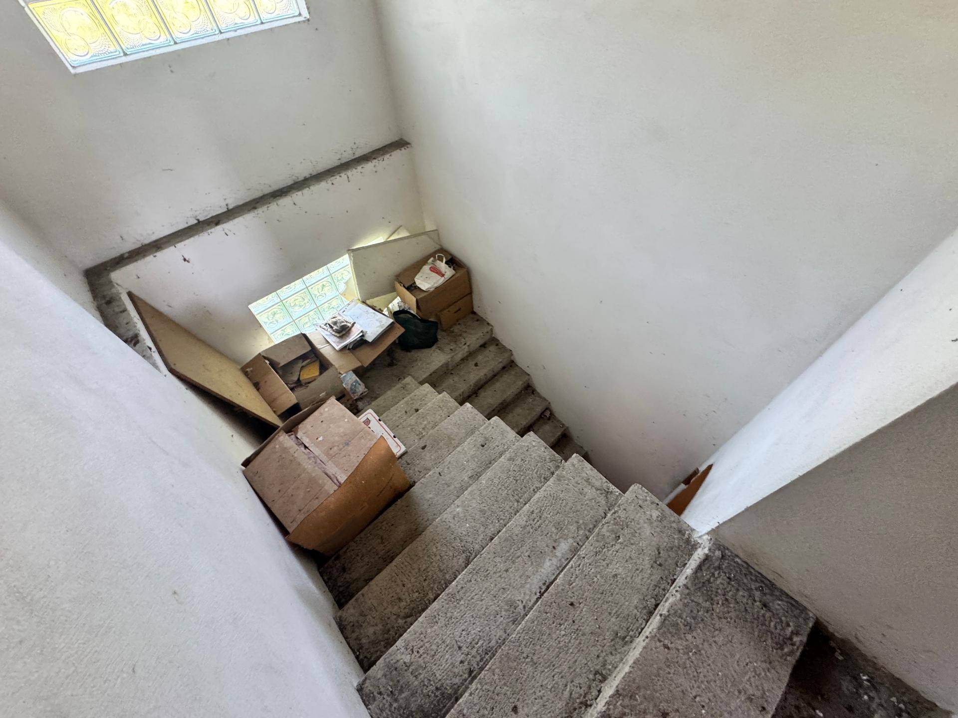 Betonierte Treppe führt in den Kellerbereich, umgeben von weißen Wänden und Tageslicht.