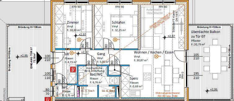 Grundriss einer Wohnung mit drei Zimmern, offenem Wohnbereich und großem Balkon.