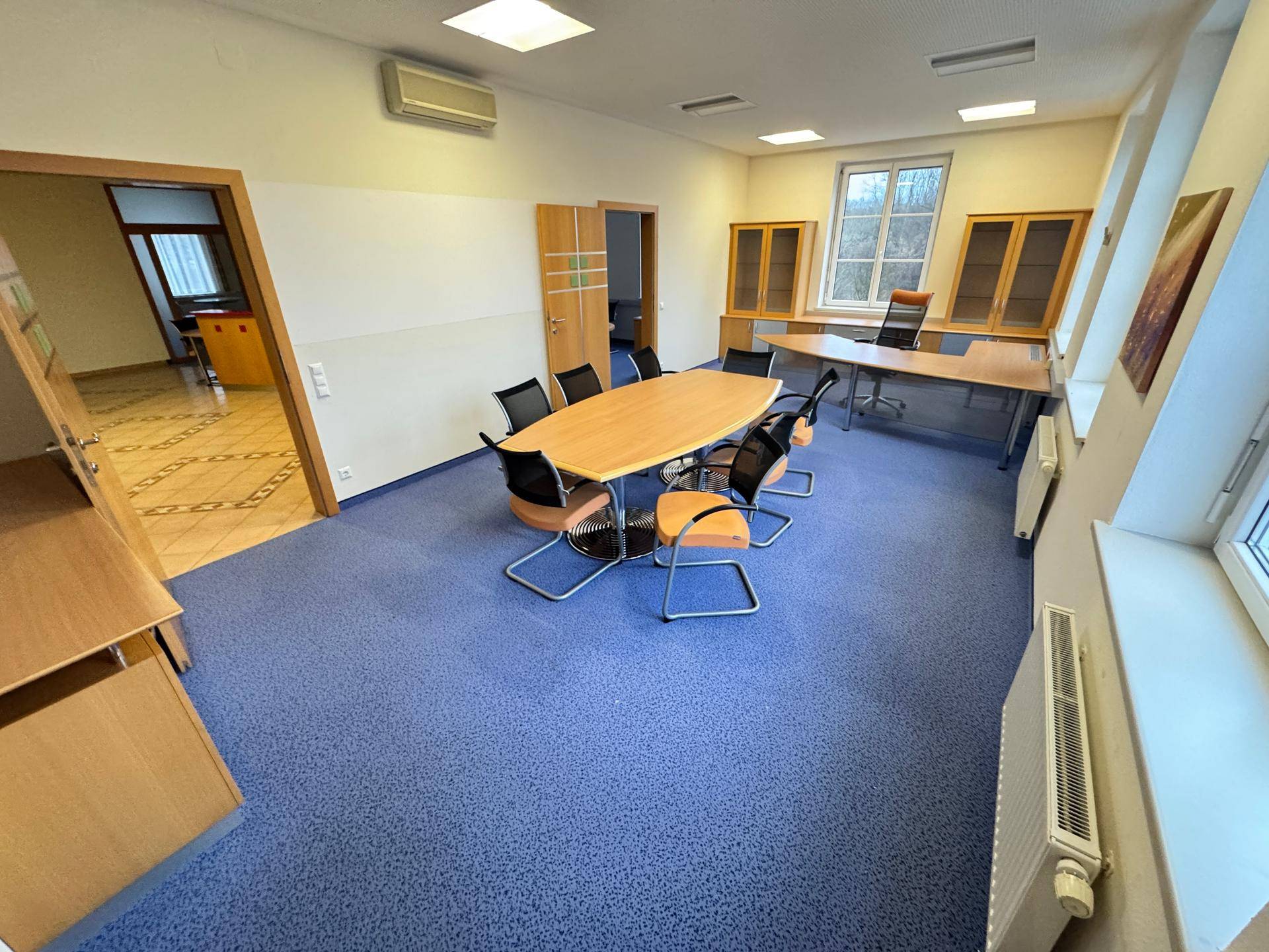 Großer Büroraum mit blauem Teppichboden, Konferenztisch und mehreren Fenstern.
