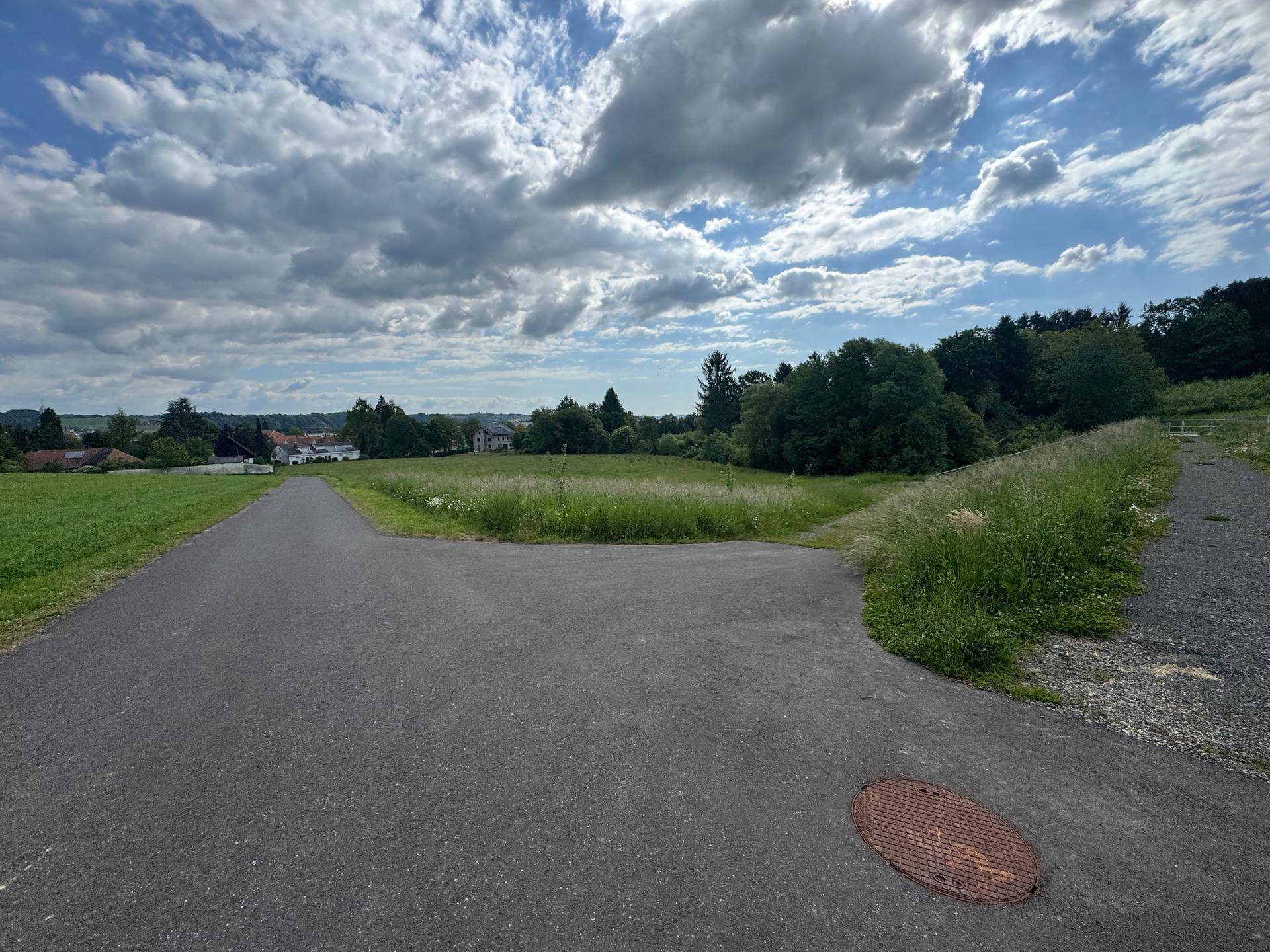 Asphaltierte Straße gabelt sich in einer grünen Umgebung mit einem Kanaldeckel im Vordergrund.
