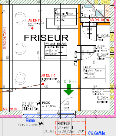 Detaillierter Grundriss eines Friseursalons mit WC und Lagerbereich, inklusive technischer Angaben.