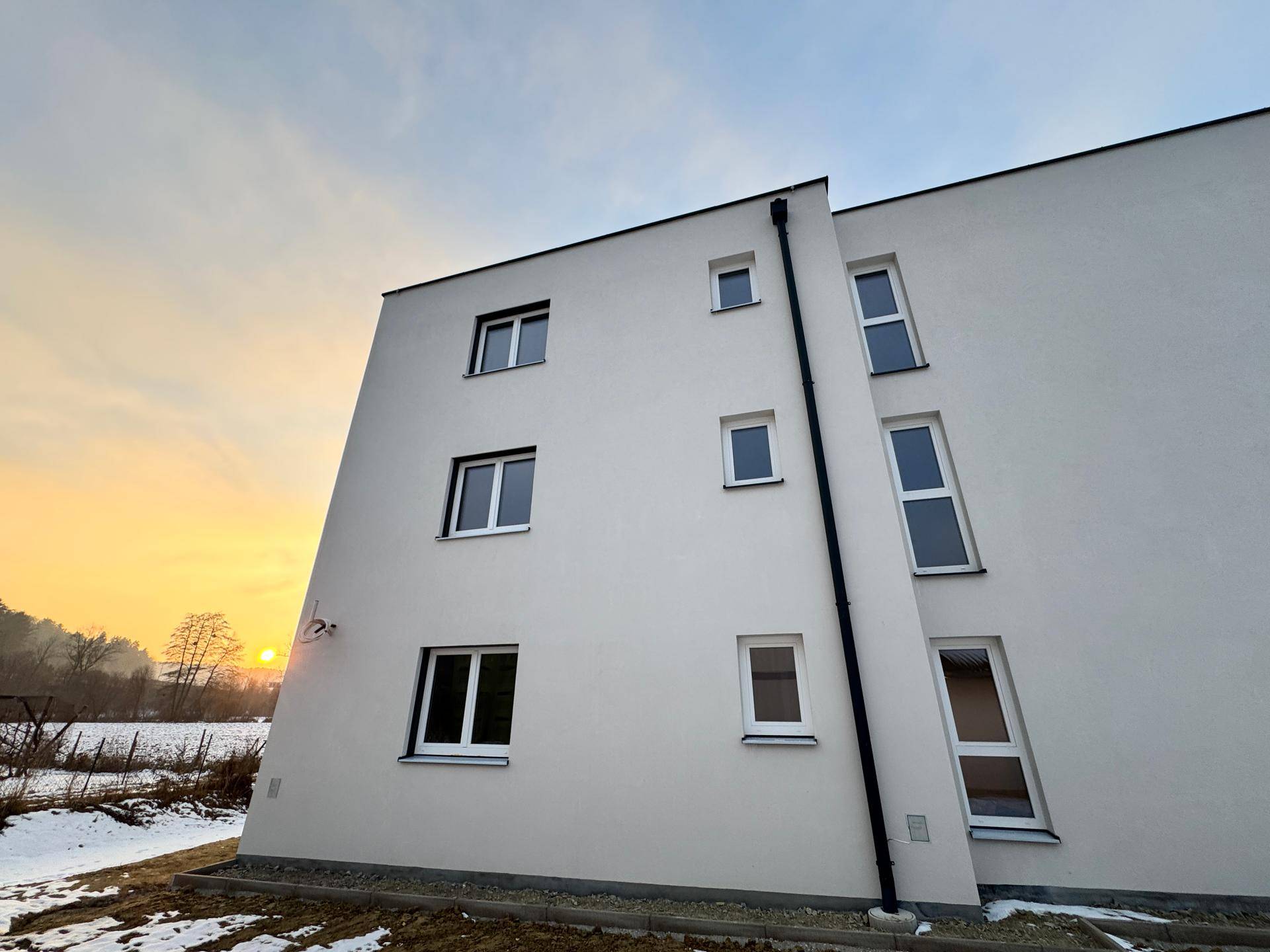 Seitenansicht des modernen Neubaus mit weißen Fassaden und verschiedenen Fenstergrößen.