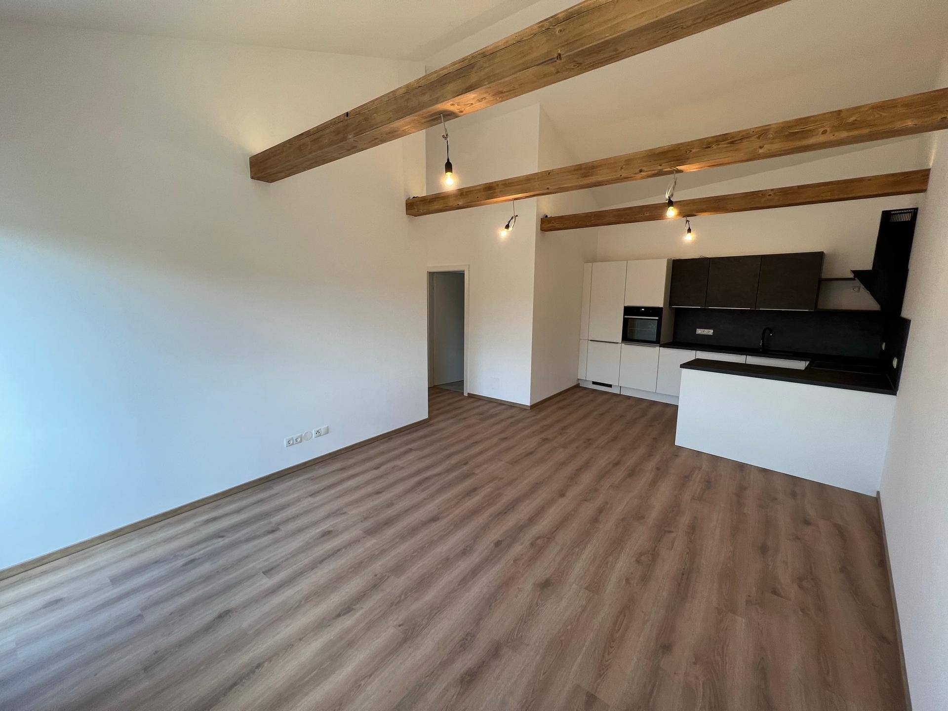 Geräumiger offener Wohnbereich mit hohen Decken, sichtbaren Holzbalken und einer modernen Küchenzeile.