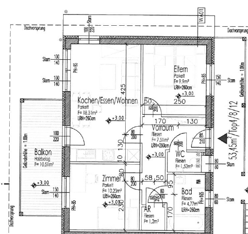 Grundriss einer Wohnung mit Küche, Essbereich, Wohnzimmer, Schlafzimmer und Balkon.
