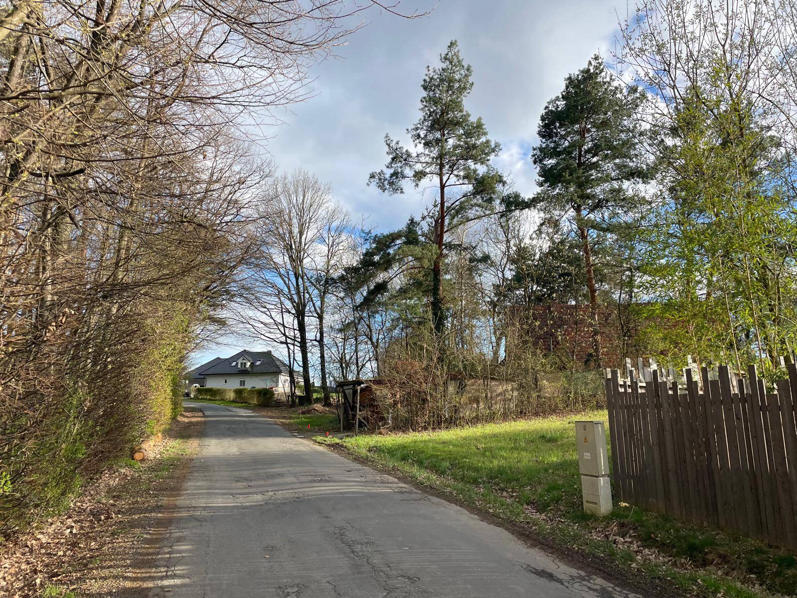 Landstraße führt durch eine bewaldete Umgebung mit einem Wohnhaus in der Ferne.