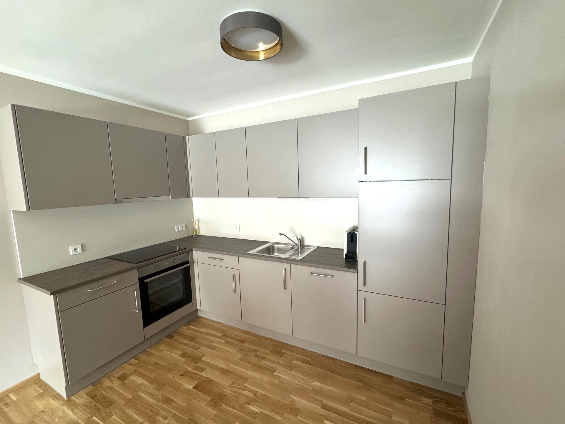 Moderne Einbauküche in Grau mit integrierten Geräten und hellem Holzfußboden.