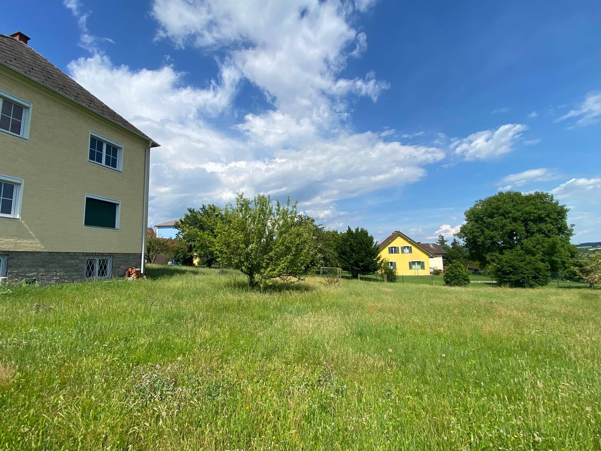 Gelbes Wohnhaus mit grüner Wiese und Bäumen, umgeben von weiteren Wohnhäusern.