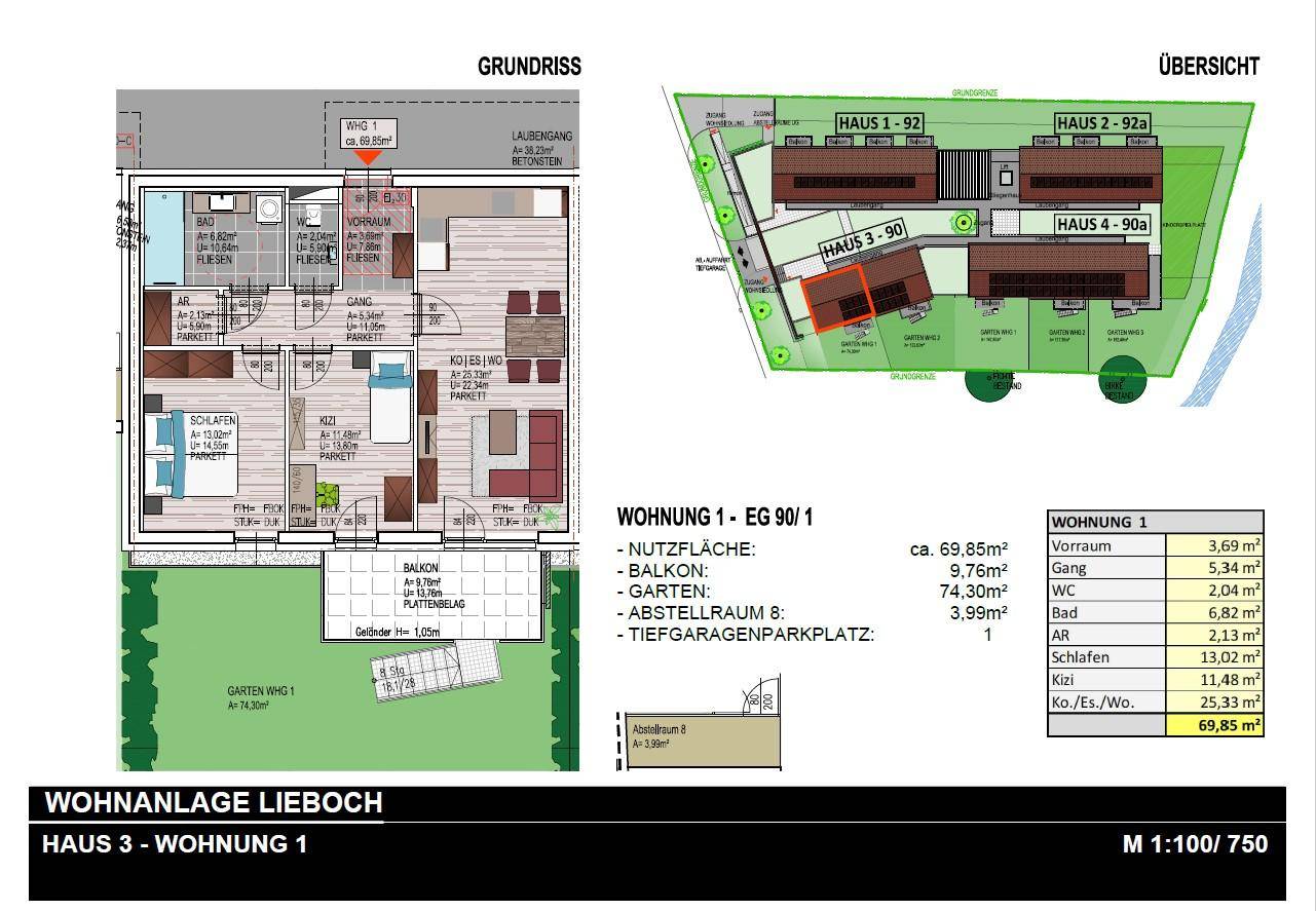 Grundriss und Übersicht der Wohnanlage mit Balkon, Gartenanteil und Tiefgaragenstellplatz.