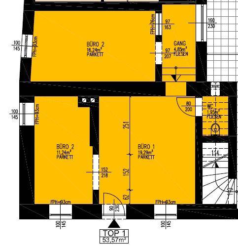 Grundrissplan mit drei Büroräumen, einem Flur und einem WC, detailliert dargestellt.