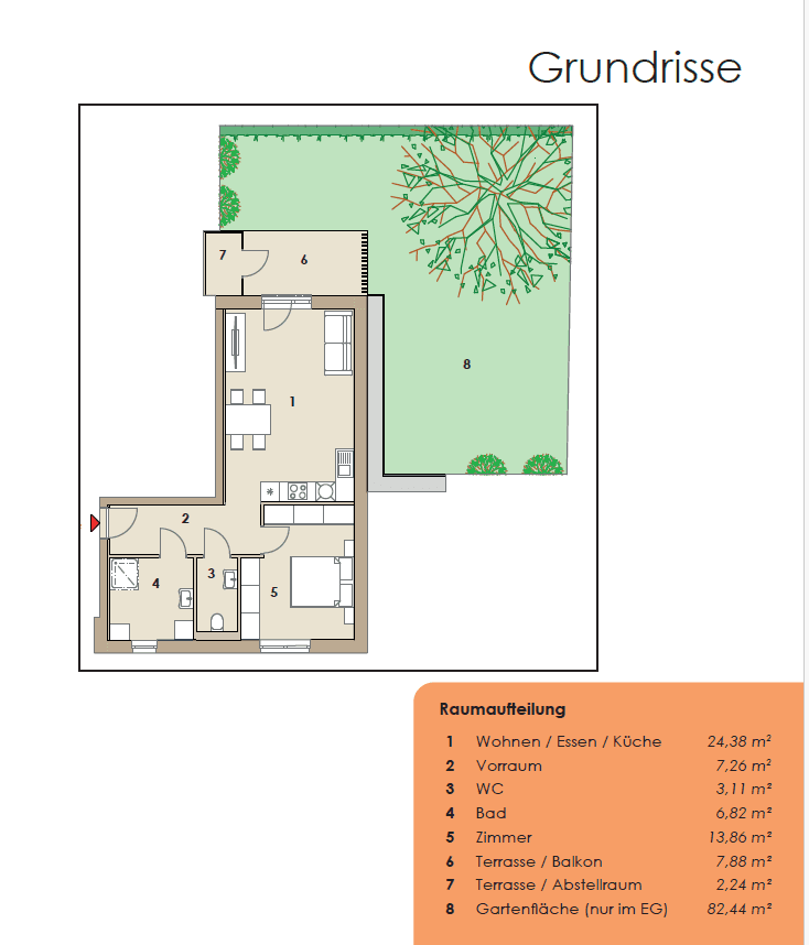 Grundriss einer Erdgeschosswohnung mit offenem Wohnbereich, Terrasse und Garten.