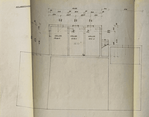 Grundriss des Kellergeschosses mit mehreren Kellerräumen.