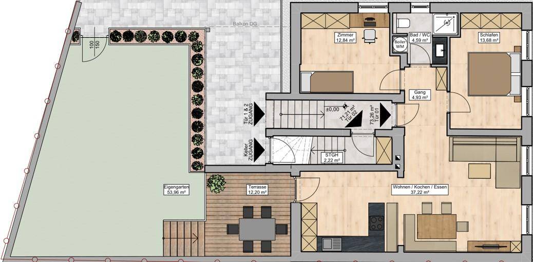 Grundriss des Erdgeschosses mit Garten, Terrasse, Wohn-/Koch-/Essbereich und Schlafzimmer.