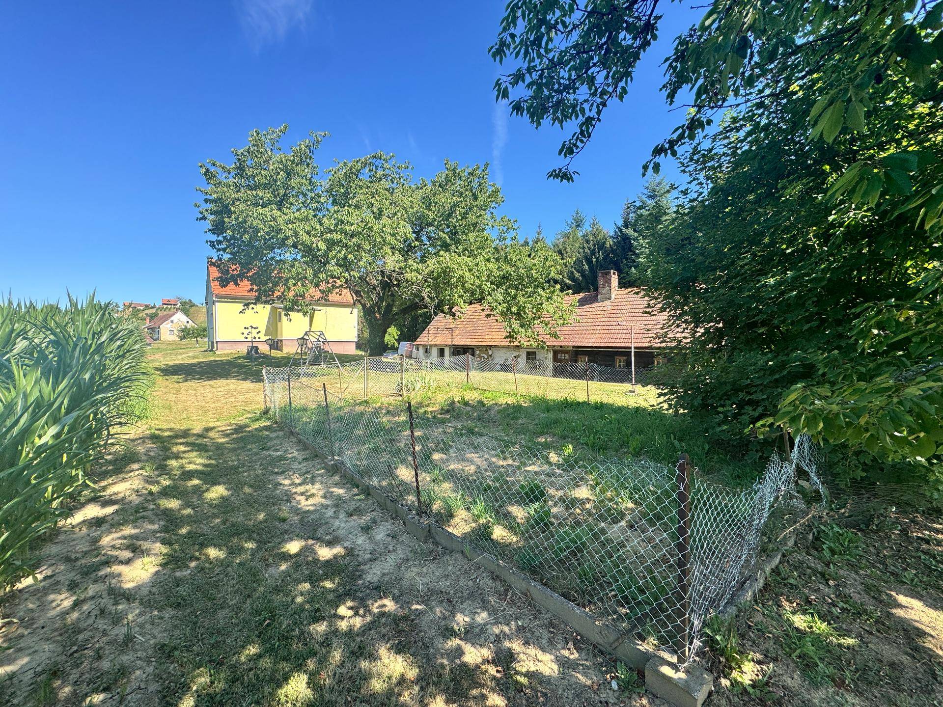 Eingezäunter Gartenbereich mit Maisfeldern und zwei Häusern im Hintergrund.