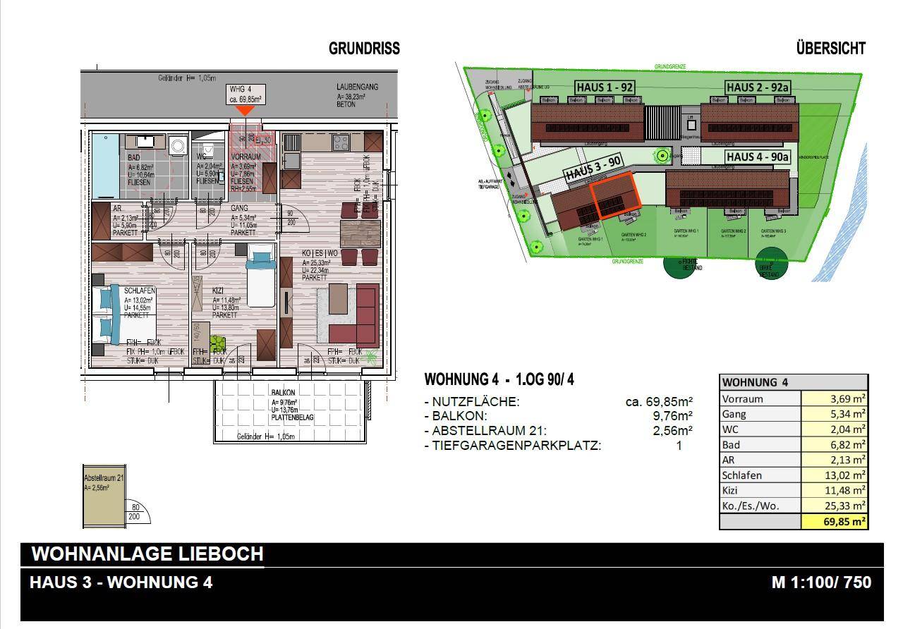 Detaillierter Grundriss einer Wohnung mit Balkon und Übersicht der Wohnanlage.