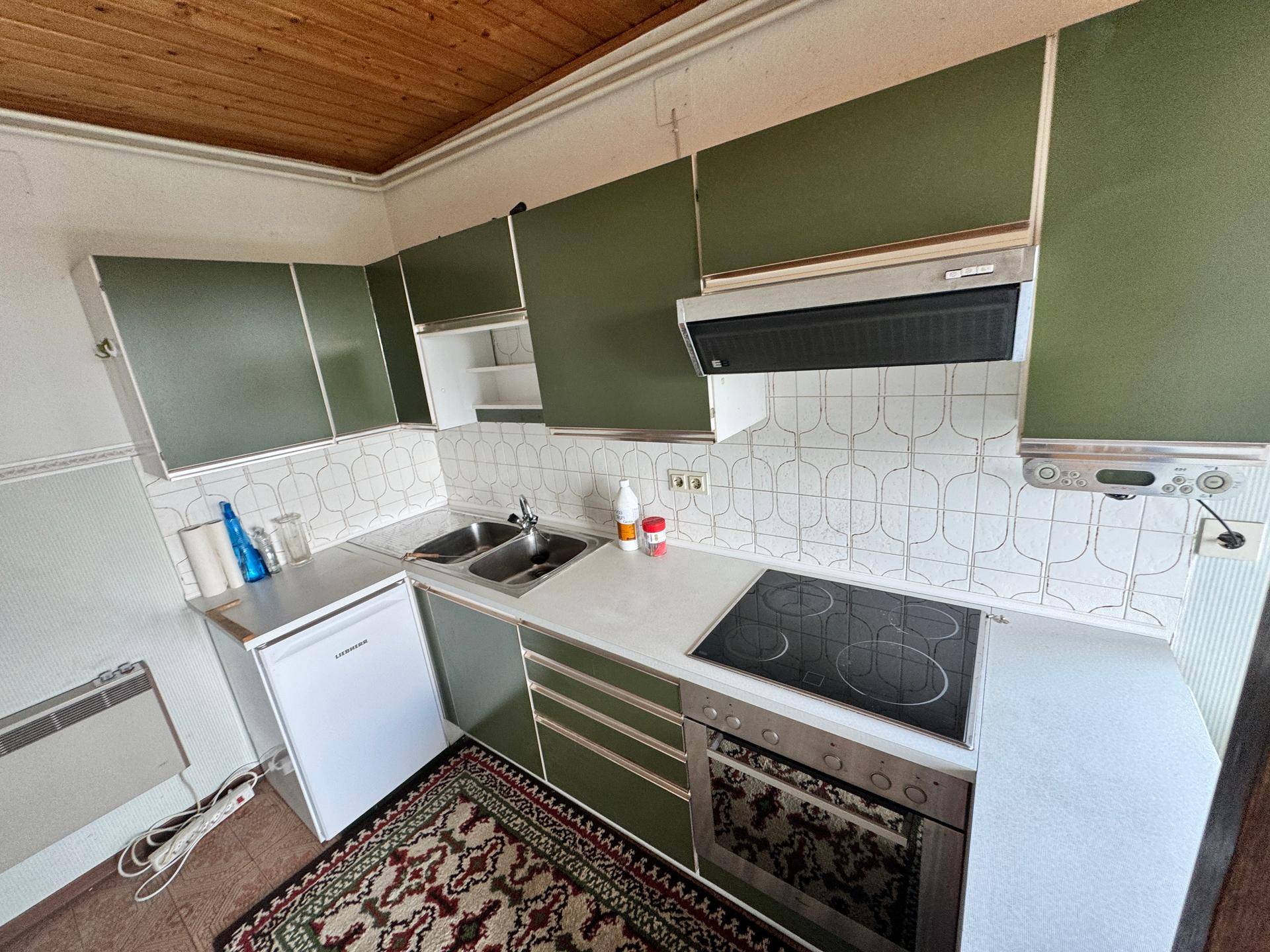 Küche mit olivgrünen Schränken, Holzdecke und integrierten Geräten.