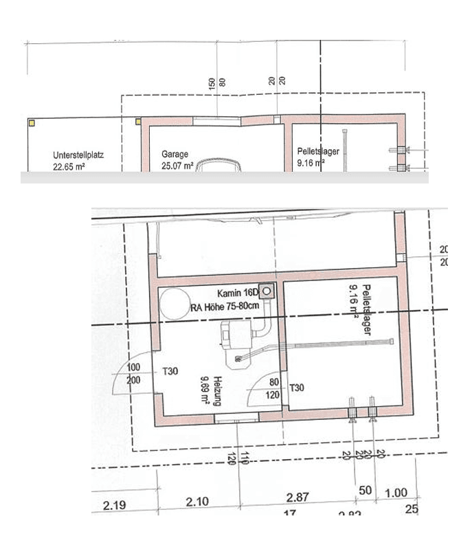 Grundrissplan zeigt eine Garage, ein Pelletslager, einen Heizraum und einen Unterstellplatz.