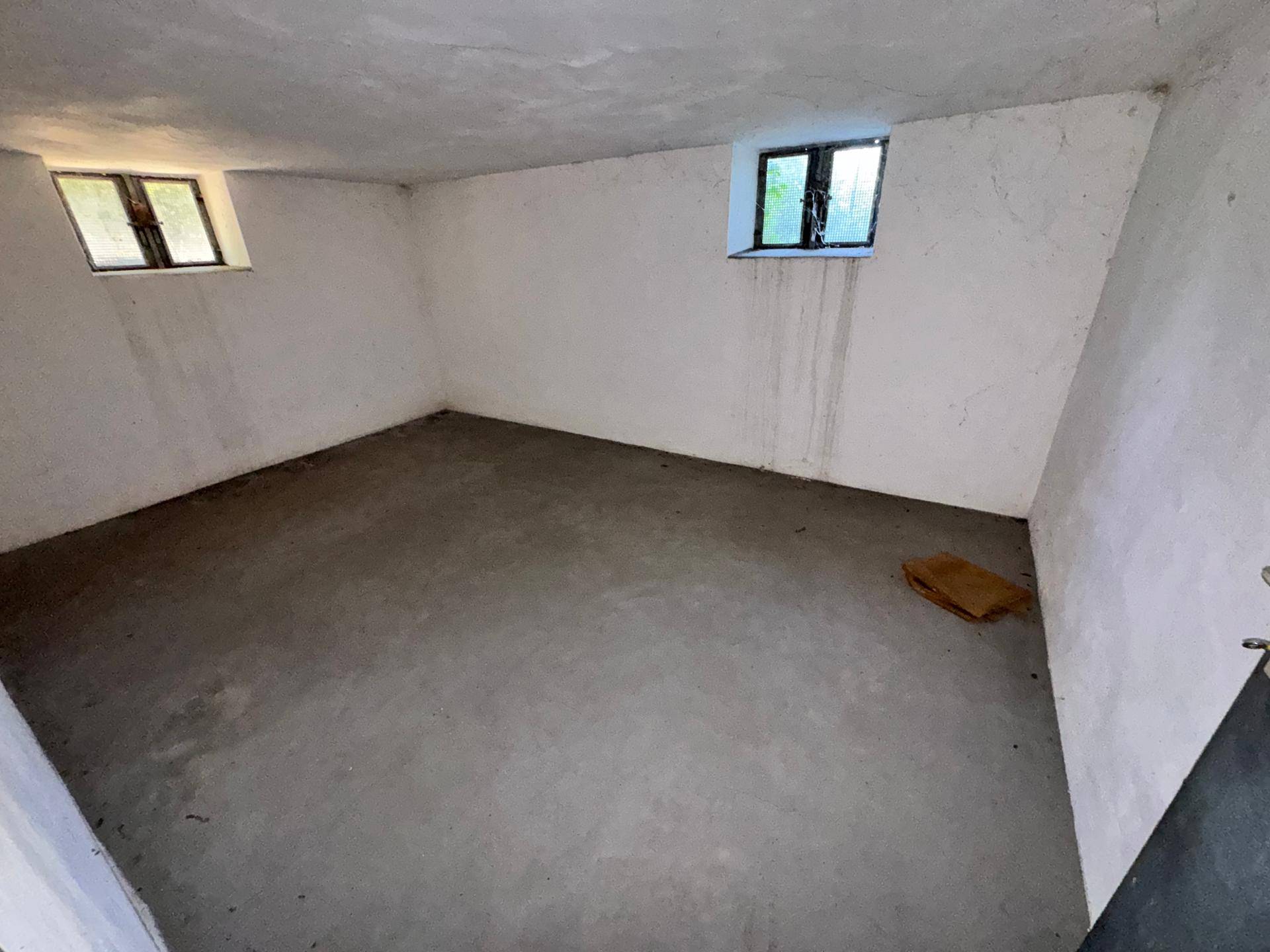 Leerer Kellerraum mit Betonboden und zwei kleinen Fenstern, bereit zur Nutzung.