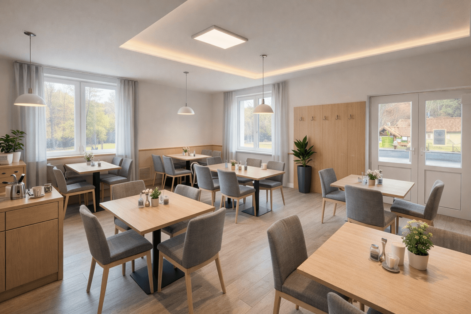 Ein heller, modern eingerichteter Speisesaal mit Holztischen, grauen Stühlen und großen Fenstern.