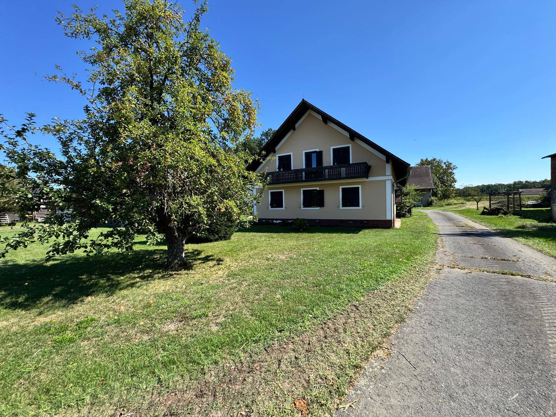 Traditionelles Landhaus mit Balkon und großem Baum auf grünem Grundstück.