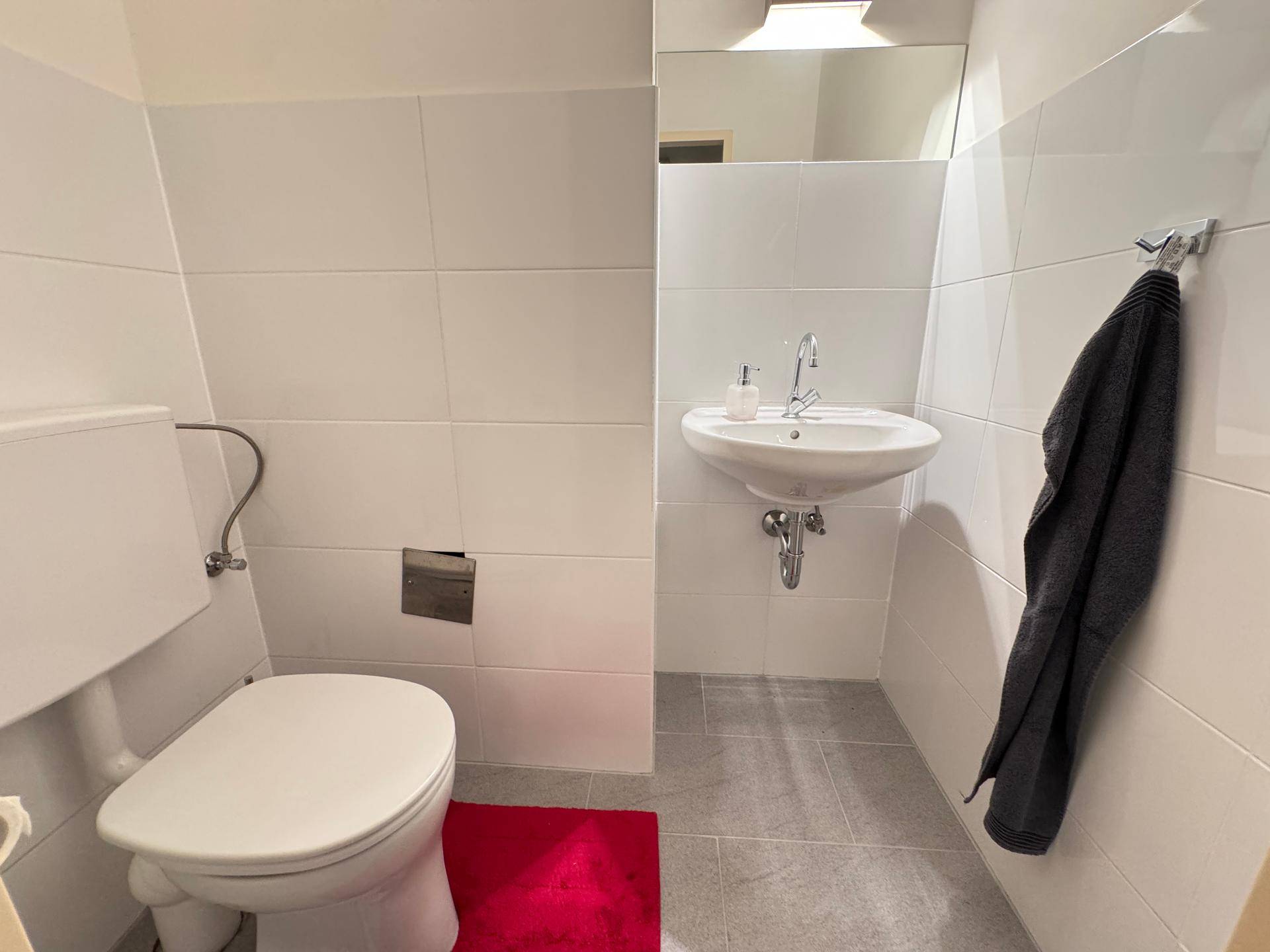 Kleines Gäste-WC mit Toilette, Waschbecken und weißen Wand- und Bodenfliesen.
