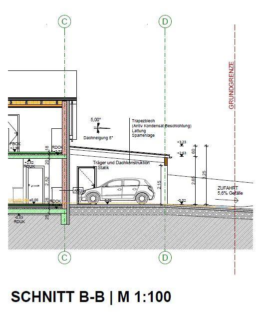 Schnitt B-B des Carports zeigt die Konstruktion und Zufahrt mit leichter Neigung.