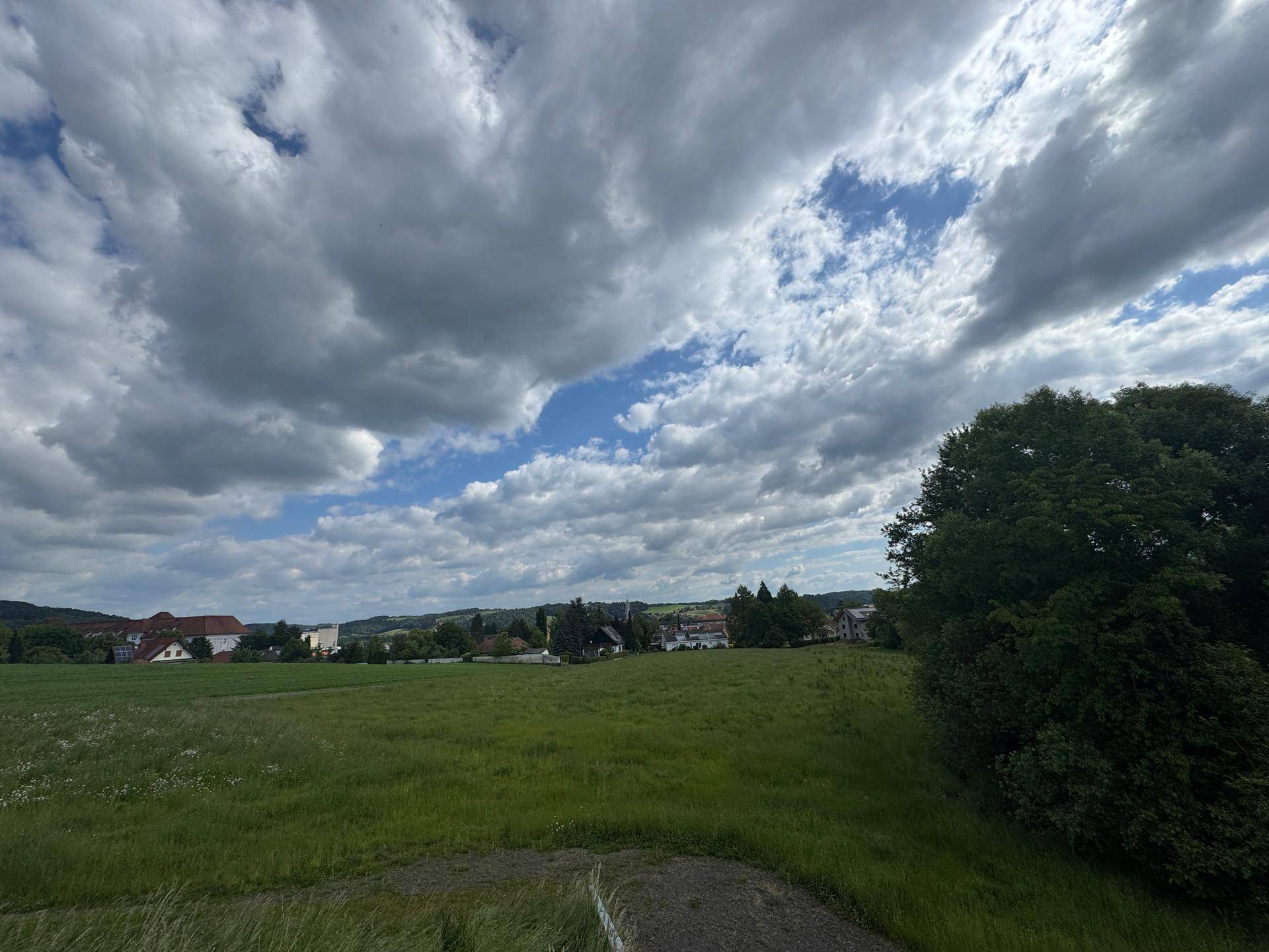 Panoramablick über grüne Felder mit Bäumen und Häusern am Horizont unter Wolken.