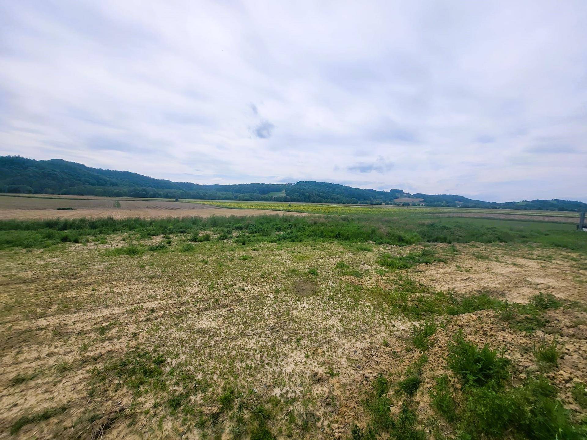 Weitläufige Felder und grüne Hügel unter einem bewölkten Himmel.
