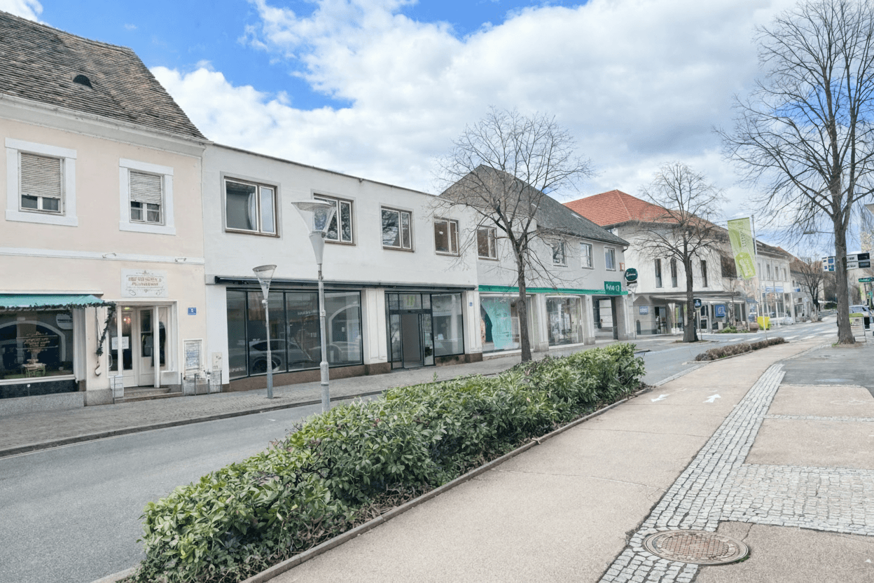 Straßenansicht mit mehreren Geschäftsgebäuden und einem Bürgersteig unter bewölktem Himmel.