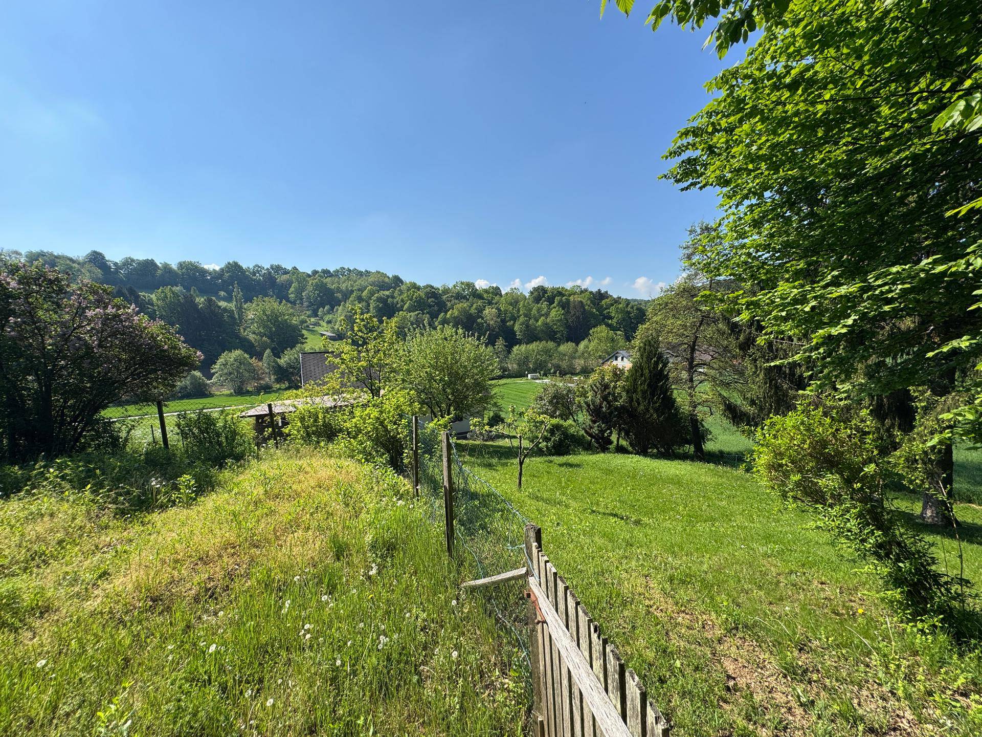 Weitläufiger Garten mit Rasenfläche und Blick auf die umliegenden bewaldeten Hügel.