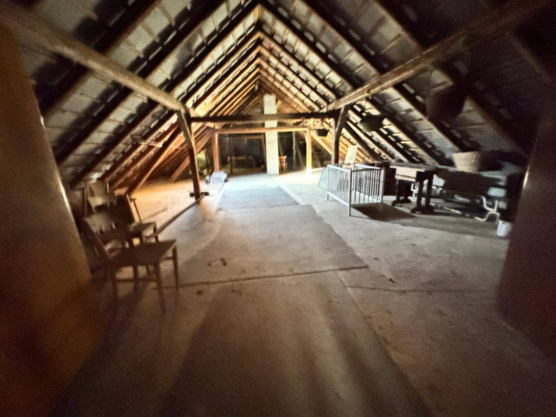 Großer Dachboden mit sichtbaren Holzbalken und viel ungenutztem Raum, ideal für Ausbau.