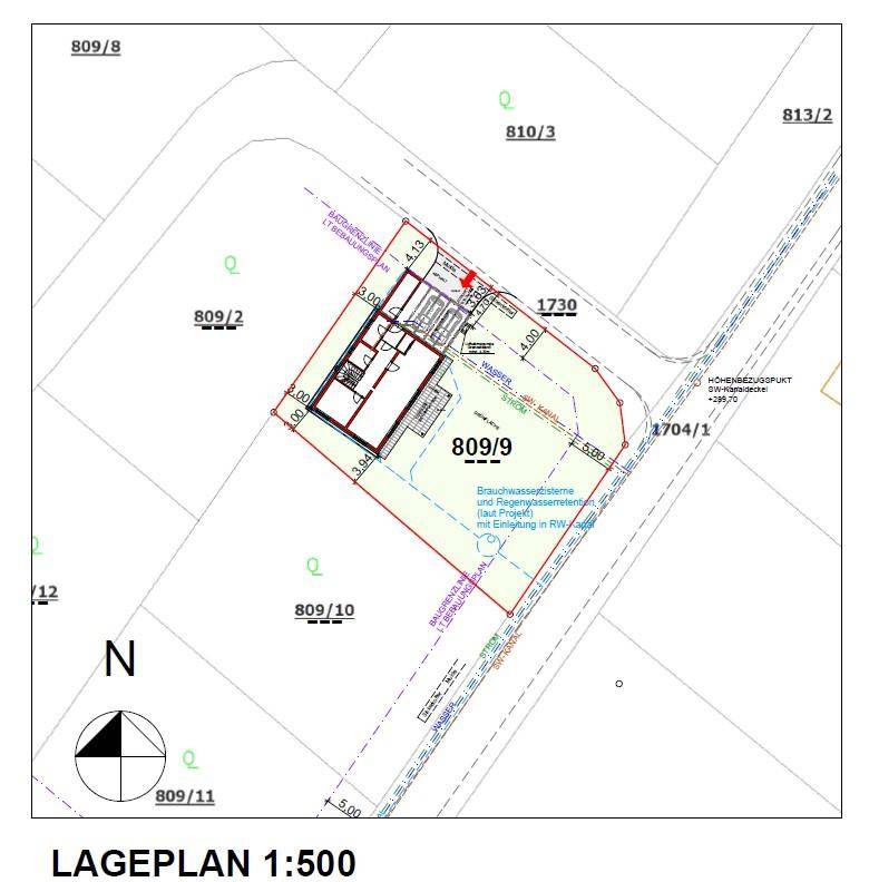 Lageplan des Grundstücks mit eingezeichnetem Gebäude und Grundstücksgrenzen.