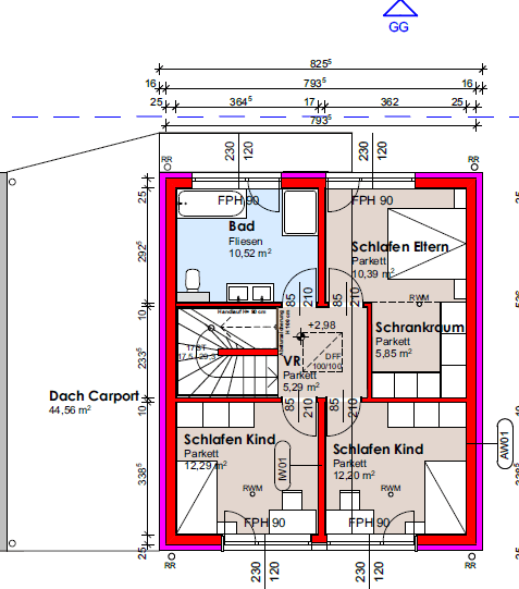 Grundriss des Obergeschosses mit Elternschlafzimmer, zwei Kinderzimmern, Bad und begehbarem Kleiderschrank.