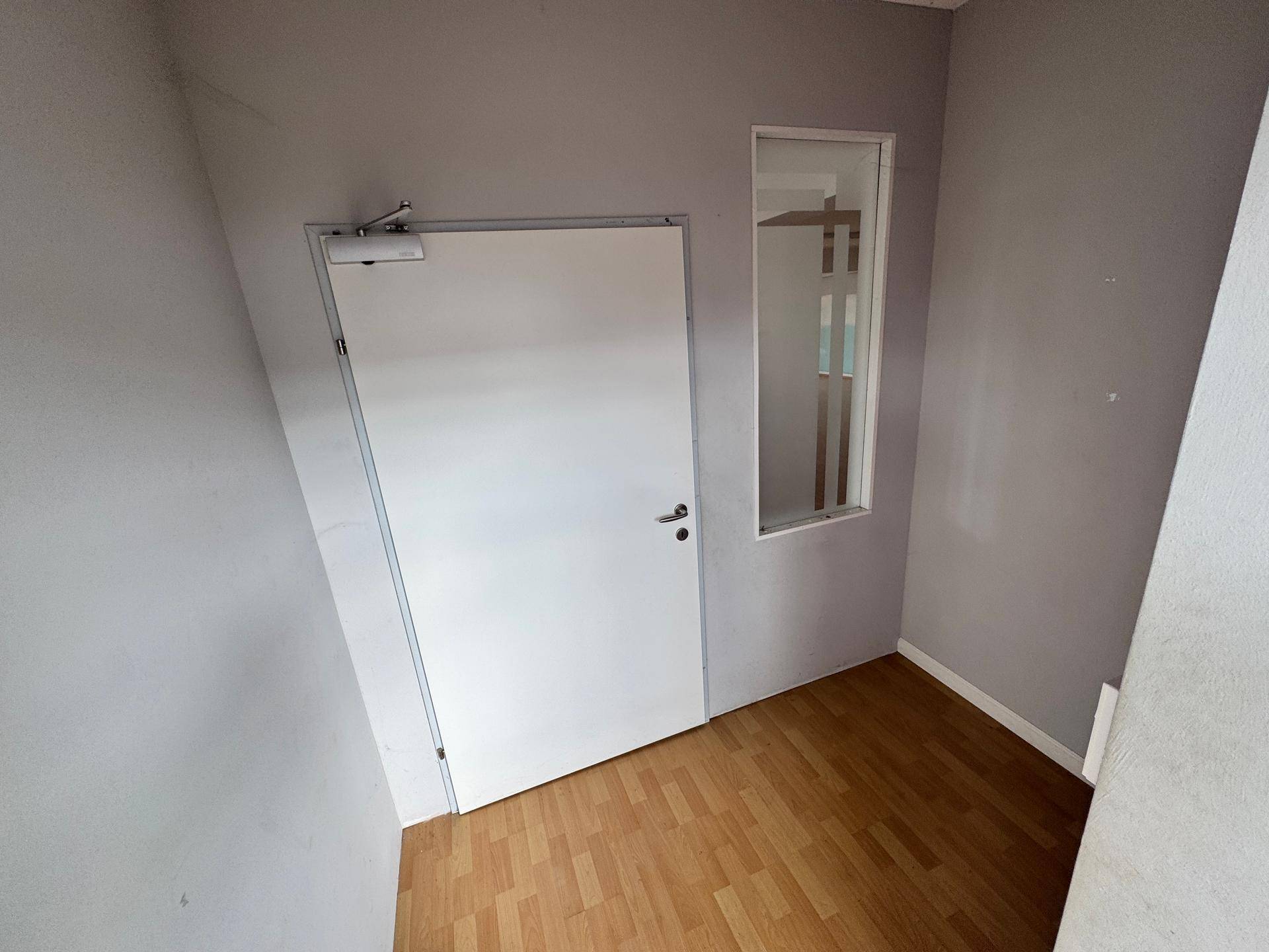 Kleiner Raum mit einer weißen Tür, einem schmalen Fenster und hellem Laminatboden.